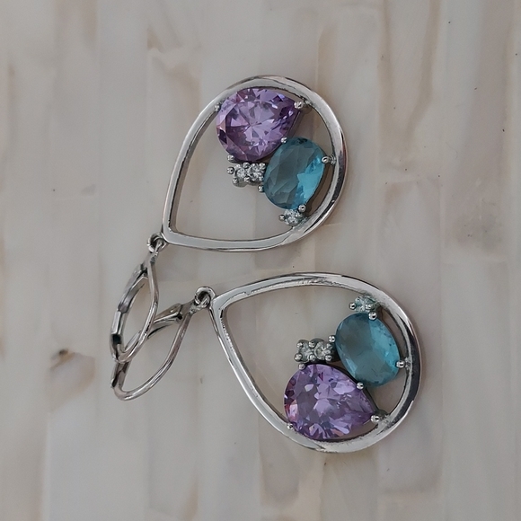 Lot of 3 earring sets:2-inch Hoops, Aqua & Purple teardrop, Circular turquoise - Picture 4 of 5